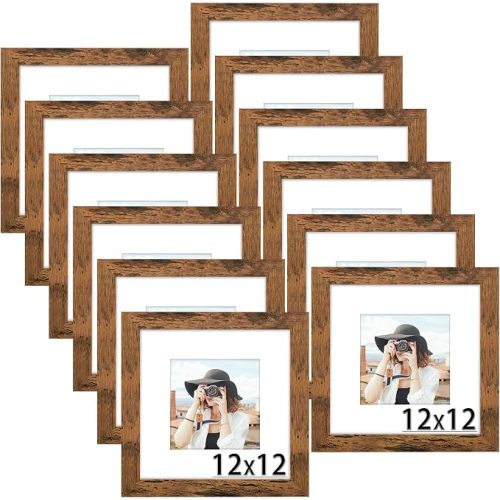12x12 Picture Frame Set of 12, Display 8x8 with Mat or 12 x 12 without Mat, Photo Frames for Wall Mounting Display, Brown