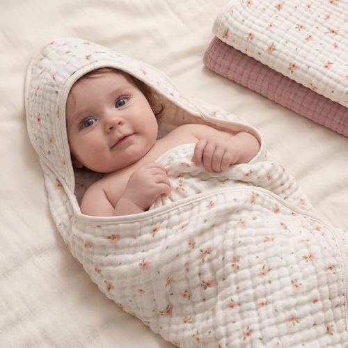 Blissful Diary Muslin Baby Hooded Towel 2 Pack, Soft & Absorbent Bath Towel for Baby Girls, Infant Gift, Newborn Essentials, Pink Floral & Light Pink