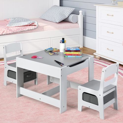 Costzon Kids Table and Chair Set, 3 in 1 Wood Activity Table for Arts, Crafts, Drawing, Reading, Playroom, Toddler Table and Chairs w/ 2 in 1 Tabletop, Storage Space, Gift for Boys Girls (Gray)