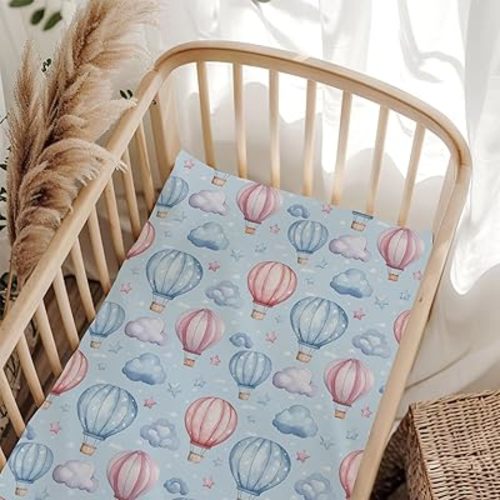 Cute Hot Air Balloon Stars Blue Baby Crib Sheet for Boys Girls 28x52 Inch Soft Breathable Blue Pink Balloons Cloud Fitted Crib Sheet Fits Standard Cribs Toddler Mattresses Nursery Bed Sheets
