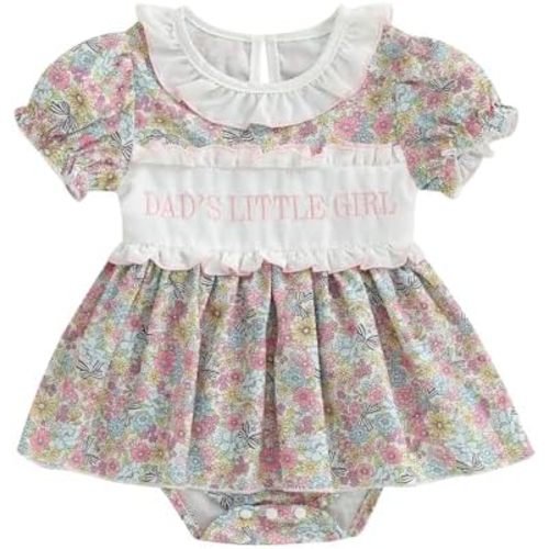 FOMOYUU Infant Baby Girls Cute Clothes Floral Print Letter Embroidery Short Sleeve Bubble Romper Dress Newborn Jumpsuit
