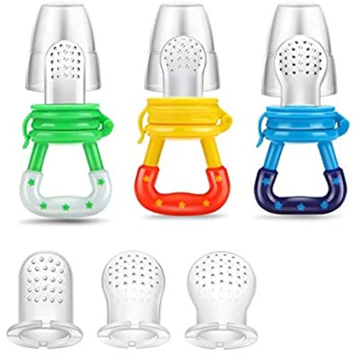 PandaEar Baby Fresh Fruit Food Feeder Nibbler Pacifier (3 Pack) |Training Massaging Toy Teether| Food Grade Soft Safe BPA-Free Silicone Pouches| Babies Toddlers Infants Kids