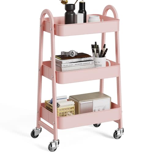 OLIXIS 3 Tier Utility Rolling Cart, Metal Mobile Storage Shelf with Lockable Caster Wheels, Organization for Livingroom, Bathroom & Narrow Places, Pink