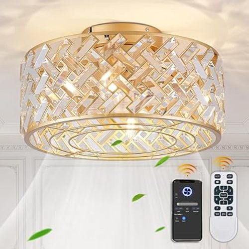 18 Inch Caged Ceiling Fan with Light, Low Profile Crystal Fandelier Ceiling Fan with Lights and Remote & App Control for Low Ceilings Flush Mount Installation Indoor, Bulb Included Gold