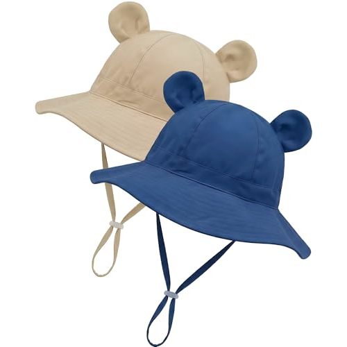 Toddler Baby Sun Hat 2Pack UPF 50+ Kids Infants Adjustable Bucket Hat with Wide Brim Summer Beach Hat for Boys Girls 6-24M