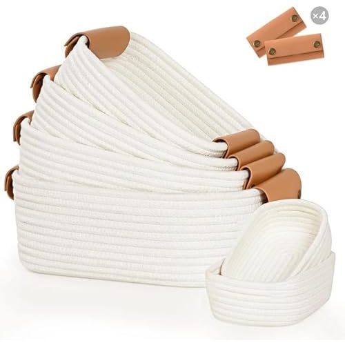 Storage Basket Set of 6-4 with Leather Handle & 2 Small Gift Baskets - Woven Storage Cotton Rope Basket for Organizing, Rectangle Bins for Shelves, Nursery, Dog Toy, Bathroom