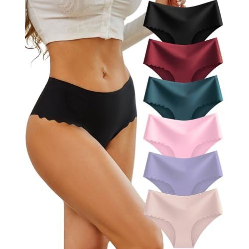 Sth Big High Waisted Seamless Underwear for Women No Show Panties Cheeky Scalloped Edge Bikini Breathable Briefs 6 Pack
