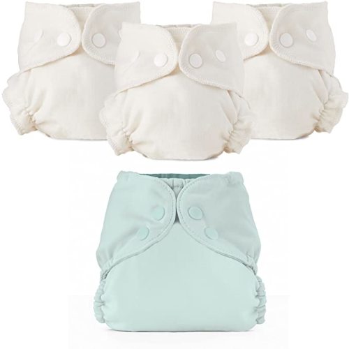 Esembly Cloth Diaper Bundle Set - 3 Organic Cotton Absorbent Inners and 1 Waterproof Outer Diaper Cover - Reusable, Washable, Snap Closure Cloth Diapers - Size 1 (7-17lbs), Mist