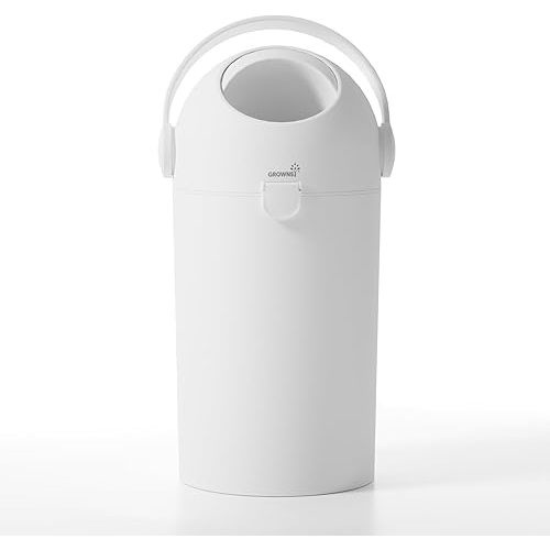 Grownsy Baby Diaper Pail, Odor-Locking Roll-Top Design, No Special Bag Required, One-Handed Use & Compact Design, Eco-Friendly Diaper Trash Can, Newborn Essentials, White