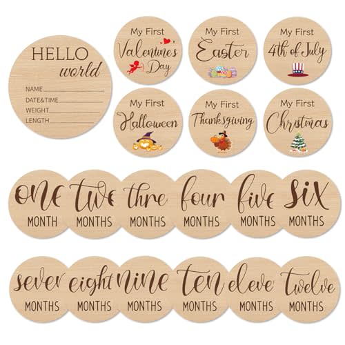 Baby Monthly Milestone Marker Discs，Reversible Wooden Photo Props for 1-12 Months, Newborn Announcement Sign, Holiday & “Hello World” Card, Keepsake Gift for Boy or Girl