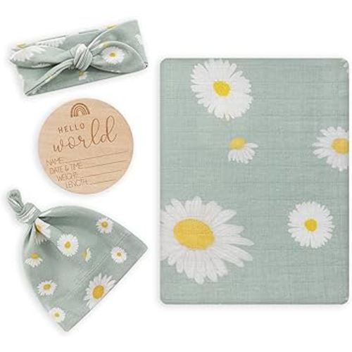 BabyWhale Muslin Swaddle Blanket with Hat and Headband Bow, Daisy Pattern Swaddle Set for Baby Boys & Girls, Soft Receiving Blanket, 47x47 inches, Green