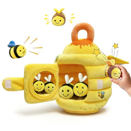 Baby Toys - Soft Beehive with 5 Sensory Bees Crinkle, Rattle, Squeaker, Mirror Portable Sensory Toys Montessori Bee Toy for Toddlers, Boy Girl Birthday Christmas Gift