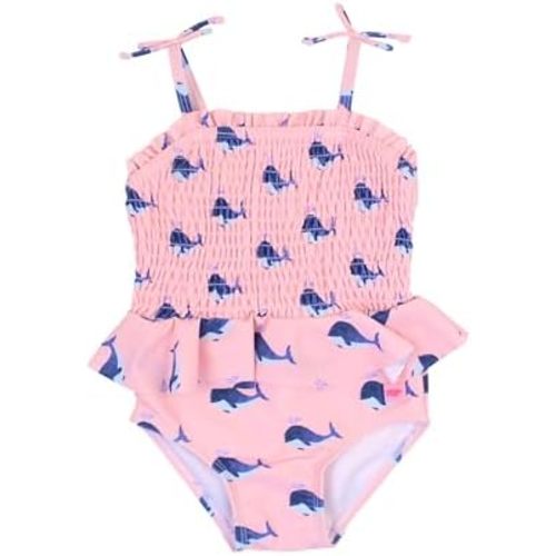 RuffleButts Girls UPF50+ Sun Protection Peplum Smocked Bodice/Tulle Skirted One Piece Swimsuit