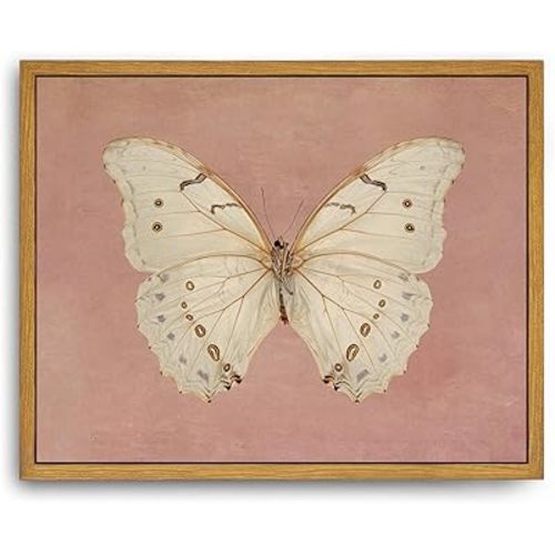 Roslynity Framed Canvas Wall Art Vintage Print White Butterfly Paintings Neutral Moody Insect Pink Antique Moth Retro Aesthetic Artwork for Home Living Room Farmhouse Wall Decor (8"x10")