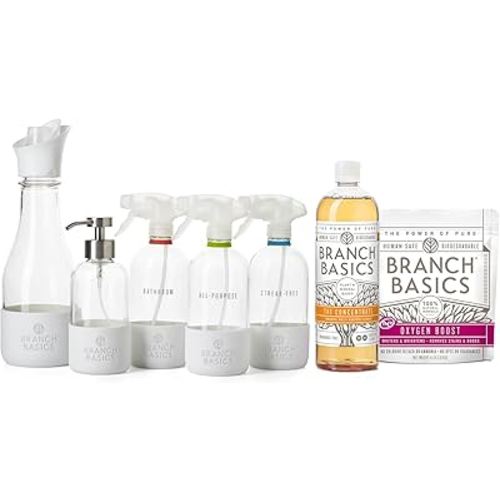 Branch Basics Premium Starter Kit in Glass: All Purpose Cleaner, Glass Cleaner, Bathroom Cleaner, Wash Bottle, and Laundry Bottle (3 Glass Spray Bottles + Concentrate) Fragrance-Free