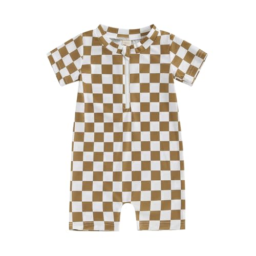 KtwHarnu Toddler Baby Boy Girl Swimsuit Checkered One Piece Swimwear Short Sleeve Zipper Rash Guard Beach Bathing Suit