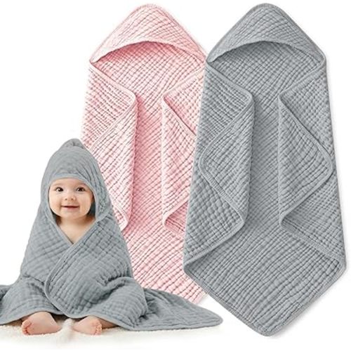 Hooded Baby Bath Towels for Newborn, 2 Pack - 6-Layer 100% Muslin Cotton, Soft Absorbent Baby Towels with Hood for Babies, Infants & Toddlers, Large 32x32 Inch Unisex Newborn Baby Bath Essentials