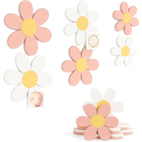 Fluxynara 6 PCS Daisy Felt Flower Wall Decor, Daisy Bulletin Board for Nursery & Girl Room, 3-Size Acoustic Felt Wall Art for Bedroom, Baby’s Room, Kids’ Spaces, Pink/White