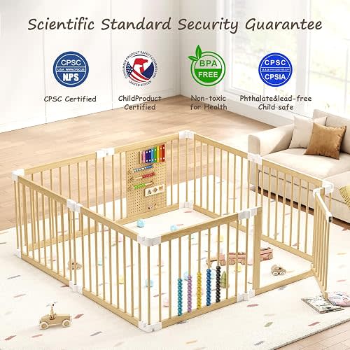 Wooden Baby Playpen, 58x58x23.5 in Foldable Solid Wood Playpen for Babies and Toddlers, Adjustable Baby Fence with Locking Gate & Activity Panels, Portable Indoor Toddler Play Yard