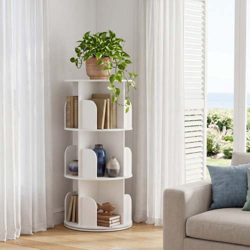 CONCETTA 3-Tier Rotating Bookshelf, 360° Spinning Bookcase with Safety Guard, Space-Saving PVC Storage for Bedroom, White