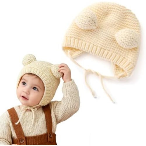 Baby Beanie with Earflaps Winter Knitted Hat Adorable Ears & Chin Strap Warm for Infant Toddler Boy Girl 6-24 Months