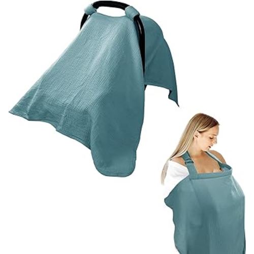 Hooyax 2-in-1 Baby Car Seat Cover & Nursing Cover, 100% Muslin Cotton, Breathable Car Seat Canopy and Privacy Breastfeeding Cover, Blue