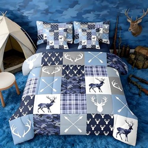 Feelyou Hunting Camo Deer Comforter Set Twin Size 7 Pieces Blue Camouflage Hunter Bedding Set Wildlife Animal Bed in a Bag with Comforter, Sheets, Pillowcases, Cushion Covers Rustic Western Decor
