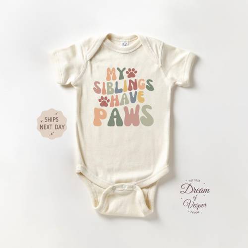 My Siblings Have Paws Outfit, Retro Sibling Bodysuit, Retro Newborn Baby Gift, Animal Lover Baby Outfit, Infant Baby Outfit