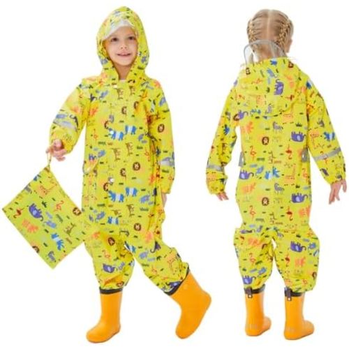 Toddler Kids Rain Suit with Hood - Waterproof Coverall One Piece for Kids (1-9 Years)