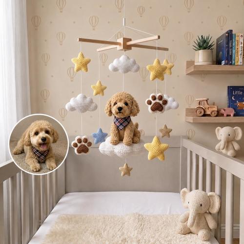 Custom Dog Baby Mobile, Crochet Puppy Baby Crib Mobile, Personalized Pet Nursery Decor, Star & Cloud Mobile, Baby Shower Gift, Newborn Gift