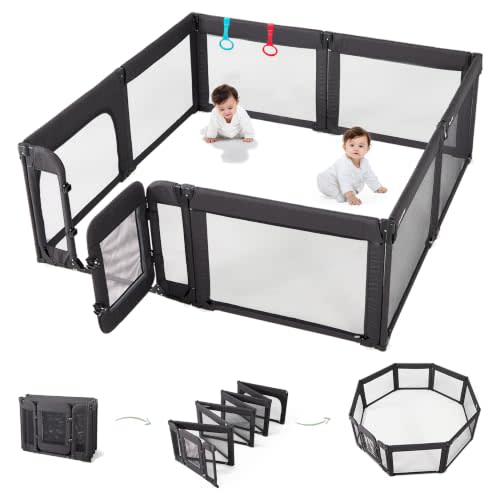 Doradotey Baby Playpen with Walk-in Door, Foldable Adjustable 8-Panel Play Yard for Babies & Toddlers, Large Safety Playpen with 360° Breathable Mesh, Anti-Slip Suction Cups, Indoor