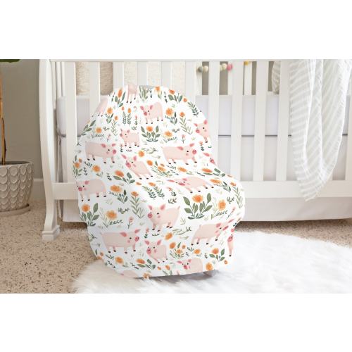 Baby Girl Car Seat Cover With Pigs, Pigs and Flowers Nursery, Farm Themed Nursery For Girl, Farm Crib Bedding Sets, Cute Farm Girl Baby Gift