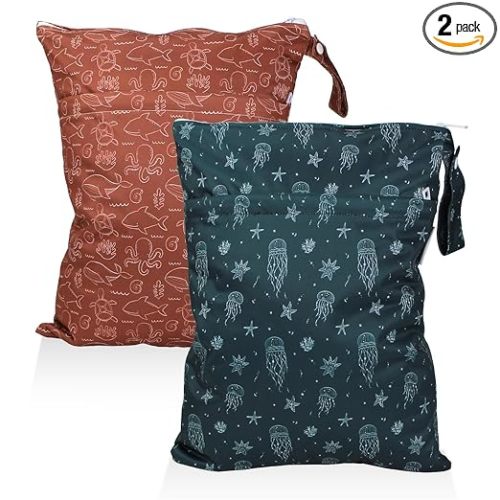Mama Koala Waterproof Wet Dry Bags for Baby Items, Cloth Diapers, Swimsuits, Travel, Gym Clothes, Beach, Pump Parts, Toiletries, Two Zippered Pockets, 2 Pack (W020)