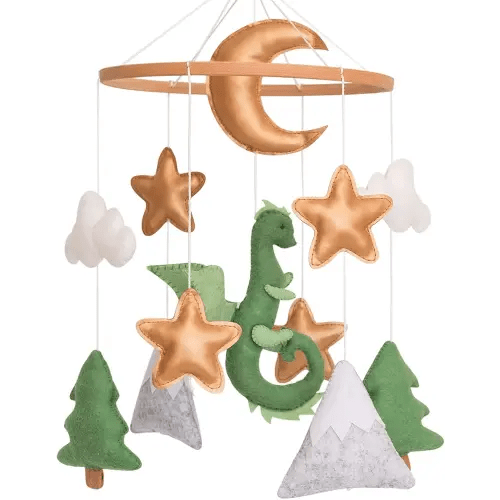 Dragon Baby Mobile, Forest Mobile for Crib, Crib Mobile for Boys and Girls, Nursery Mobile for Bassinet, Pack and Play, Moon, Green Dragon, Cloud, Star, Mountain, Tree