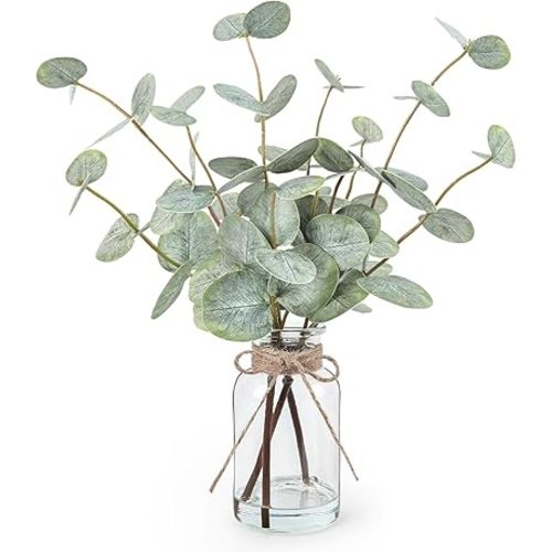 Bessol Artificial Eucalyptus Stems in Glass Vase with Faux Water, 13.5" Fake Plants for Home Decor, Coffee Table Centerpieces, Office, Bathroom & Farmhouse Weddings - Faux Greenery Plants Decorations