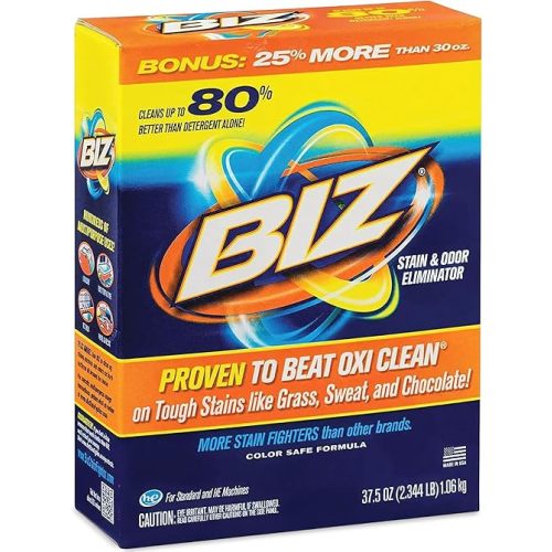 Biz Laundry Detergent Powder, Stain and Odor Eliminator for Tough Stains Like Grass Sweat and Chocolate, Powder Laundry Detergent with 4 Stain Fighters, Color Safe, HE Safe, Unscented, 37.5 Ounce