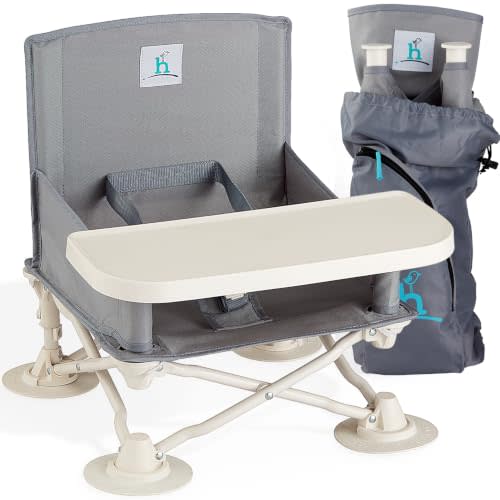 OmniBoost Booster Seat with Tray, Travel High Chair, Baby Chair, Grey | Max 200 lb, dishwasher-safe removable tray, compact folding frame, machine-washable seat