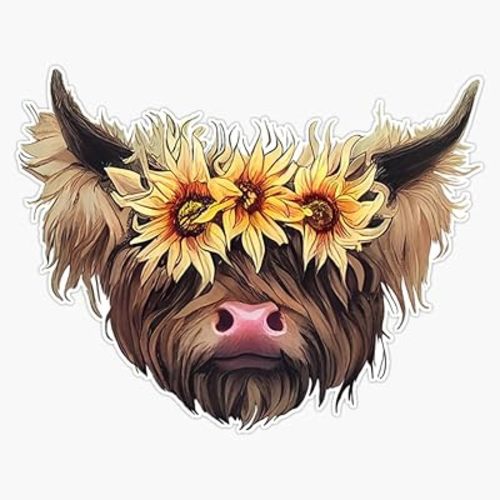 Cute Baby Highland Cow with Sunflowers Gifts Birthday Funny Sticker Vinyl Waterproof Sticker Decal Car Laptop Wall Window Bumper Sticker 5"