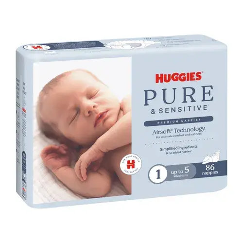 Huggies Pure & Sensitive Nappies 86 Pack Size 1 | Baby Bunting AU