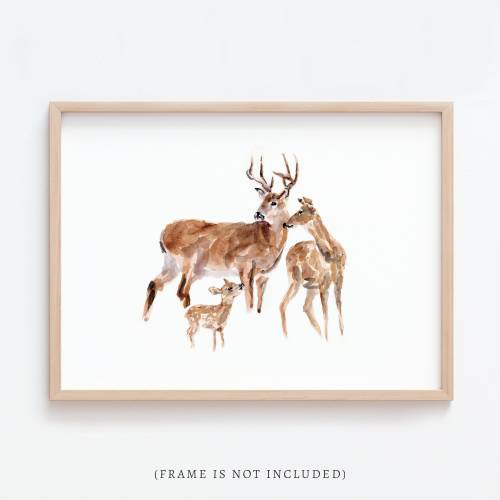 Deer Family of 3 (Two Big and One Small Deer) Woodland Animal Watercolor Art Print for Woodland Nursery