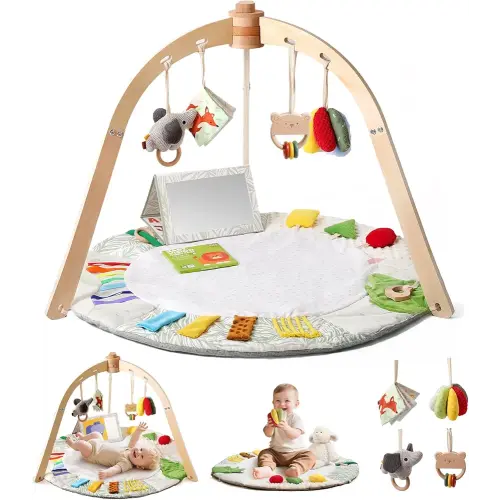 Wooden Baby Play Gym & Tummy Time Playmat – Montessori Sensory Activity Mat with 6 Developmental Toys for Fine Motor Skills – for Newborns to Toddlers (0–12M+)