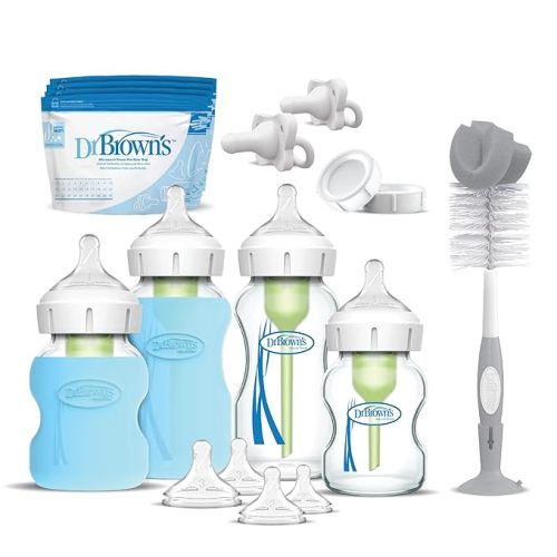 Dr. Brown's Natural Flow Anti-Colic Options+ Wide-Neck Glass Baby Bottles 5 oz/150 mL, with Level 1 Slow Flow Nipple, 3 Pack, 0m+