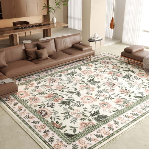 Washable Area Rug for Living Room, NovDeco 9'x12' Non-Slip Boho Pink Floral Print Indoor Rug, Soft Low Pile Stain Resistant Carpet for Bedroom