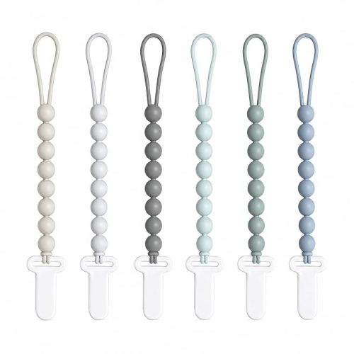 6 Pack Neutral Silicone Pacifier Clips for Boys and Girls, One Piece Beads Pacifier Clip Set with Durable Plastic Clip, Neutral Baby Pacifier Holder Set