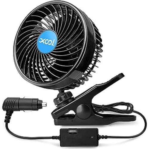 XOOL 12V 6'' Car Fan, Clip Fan 360 Degree Rotatable Car Fan Cooling Air Fan with Stepless Speed Regulation & Cigarette Lighter Plug for SUV, RV, Vehicles