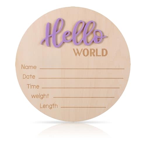 Newborn Announcement Sign, 5.9in Wooden Hello World Sign Baby Welcome Sign Birth Baby Name Plaques for Newborn Boys and Girls Photo Props Baby Shower Hospital Nursery (Light Purple)