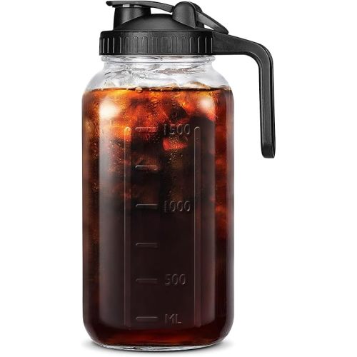 64 OZ Mason Jars with Lid, Glass Pitcher Double Leak Proof with Pour Spout Handle, 2 Quart Wide Mouth Breast Milk Pitcher for Fridge, Creamer Container for Coffee, Sun Tea(Black,1 Pack)