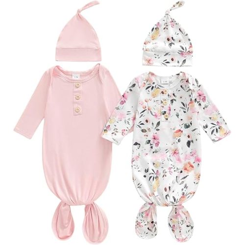 woshilaocai 2 Pack Baby Boy Girl Gown Sleeper Newborn Knotted Nightgown and Hat Set Infant Sleepwear