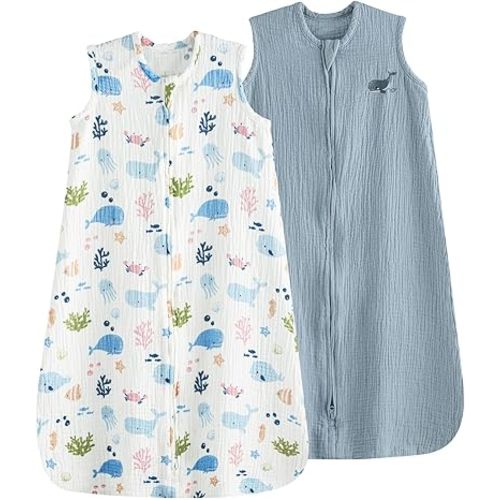 PHF Soft Muslin Cotton Baby Sleep Sack 0-6 Months, 2 Pack 100% Cotton Sleeping Bag for Summer, 0.5 TOG Baby Wearable Blankets with 2-Way Zipper, Baby Sleep Sacks for Newborn Infant, Mermaid