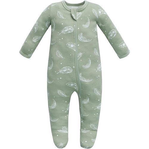 Owlivia Organic Cotton Baby Pajamas, Boys Girls Zip Front Sleep 'N Play, Footed Sleeper, Long Sleeve(Newborn, Feather)